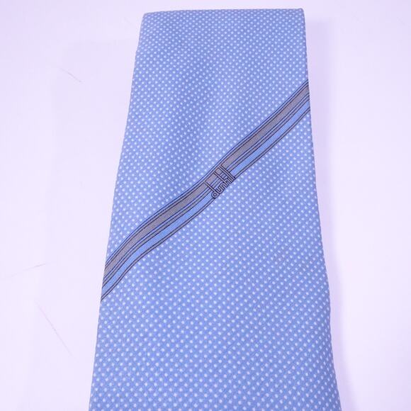 DUNHILL Men's Blue White Gold Signature Logo Polka Dot Silk Neck Tie Retail 390 - Picture 2 of 9